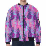 Neon Trippy Pineapple Pattern Print Zip Sleeve Bomber Jacket
