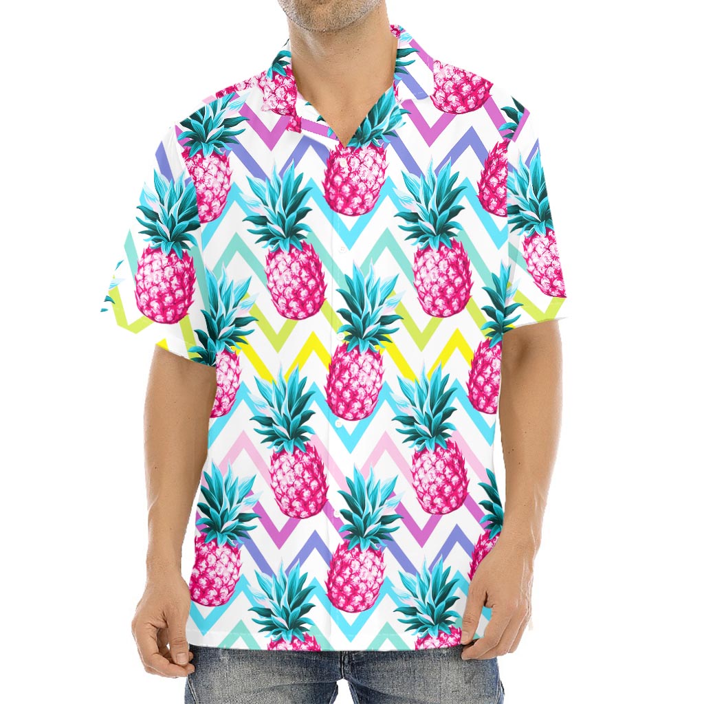 Neon Zig Zag Pineapple Pattern Print Aloha Shirt