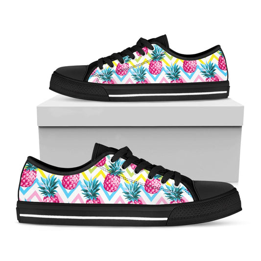Neon Zig Zag Pineapple Pattern Print Black Low Top Sneakers