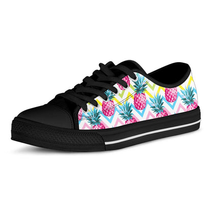 Neon Zig Zag Pineapple Pattern Print Black Low Top Sneakers
