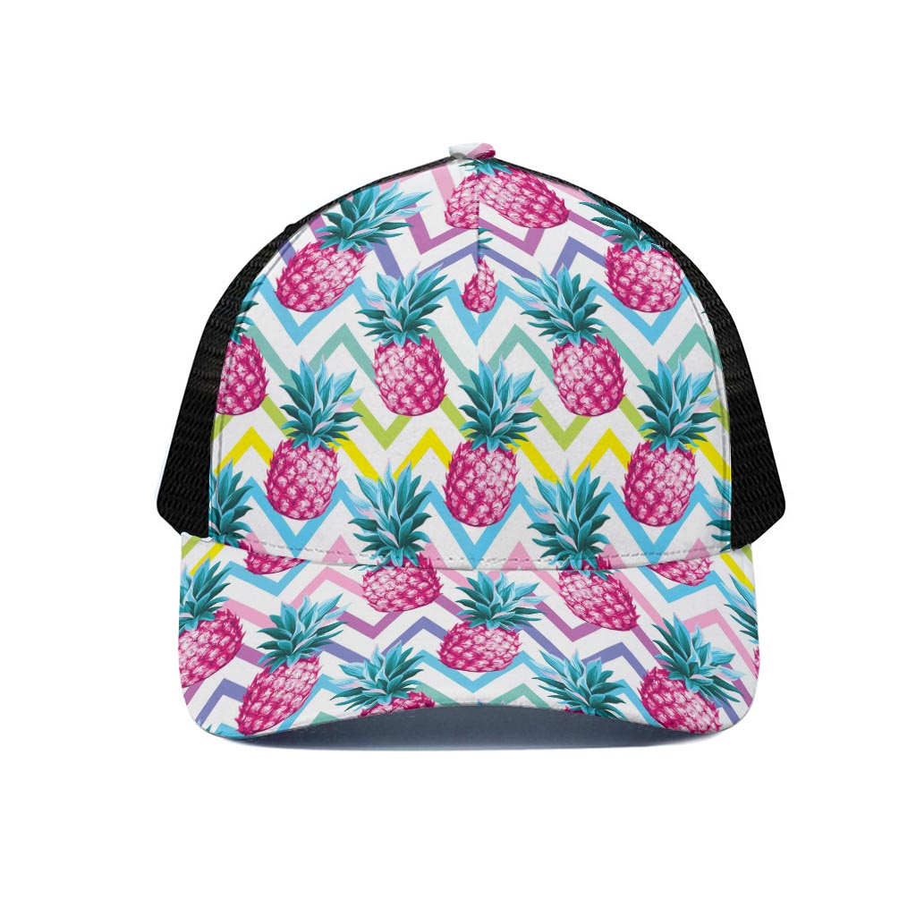Neon Zig Zag Pineapple Pattern Print Black Mesh Trucker Cap
