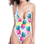 Neon Zig Zag Pineapple Pattern Print High Cut One Piece Swimsuit