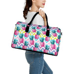 Neon Zig Zag Pineapple Pattern Print Leather Duffle Bag