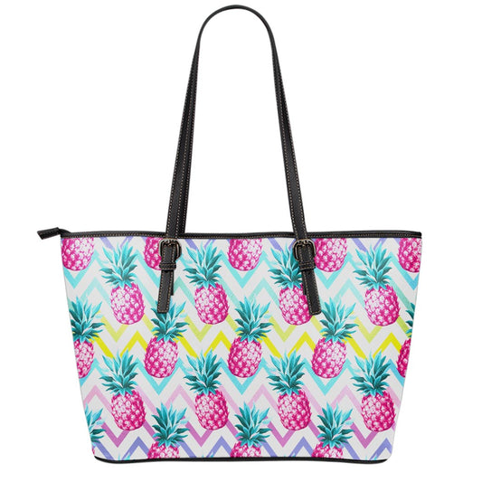 Neon Zig Zag Pineapple Pattern Print Leather Tote Bag