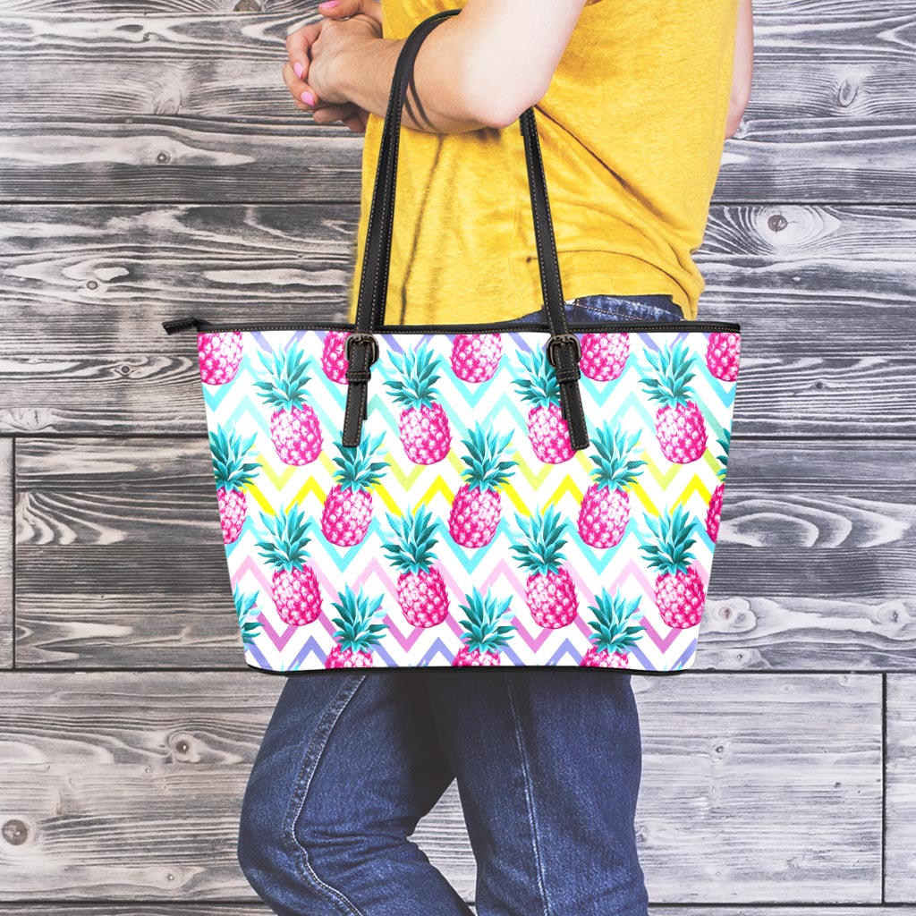 Neon Zig Zag Pineapple Pattern Print Leather Tote Bag