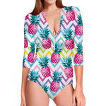 Neon Zig Zag Pineapple Pattern Print Long Sleeve Swimsuit