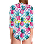 Neon Zig Zag Pineapple Pattern Print Long Sleeve Swimsuit