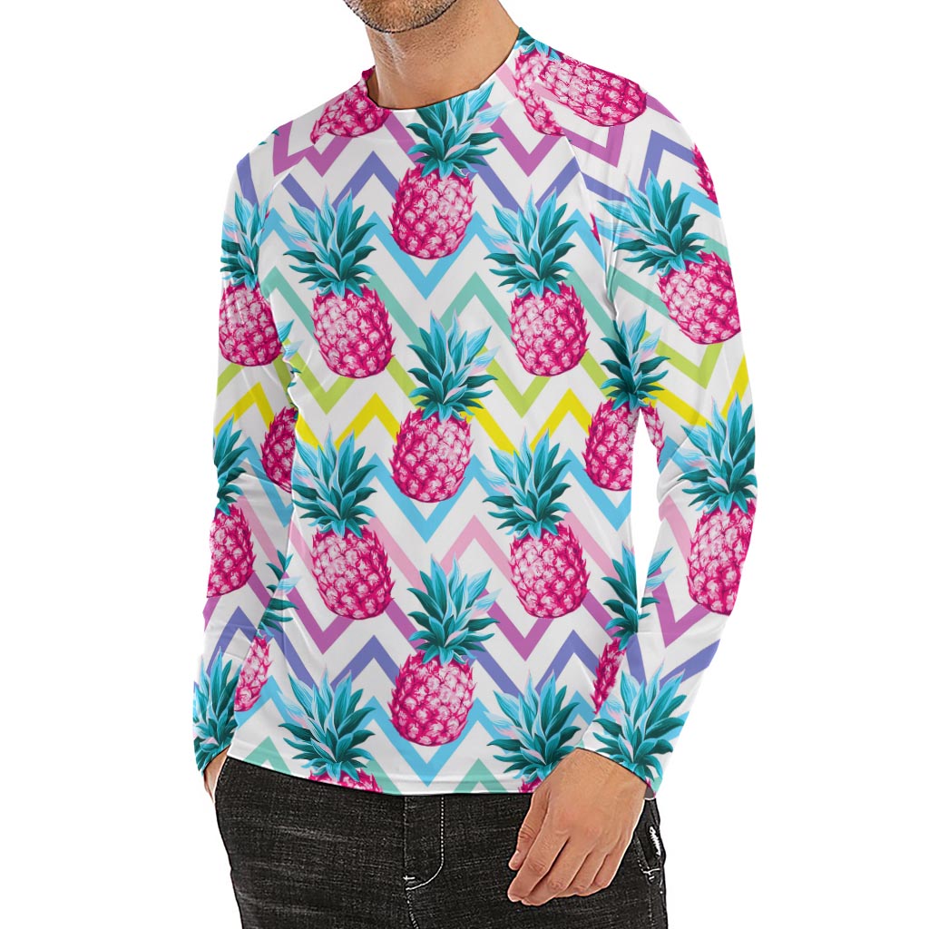 Neon Zig Zag Pineapple Pattern Print Men's Long Sleeve Rash Guard