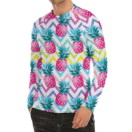Neon Zig Zag Pineapple Pattern Print Men's Long Sleeve Rash Guard