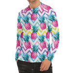 Neon Zig Zag Pineapple Pattern Print Men's Long Sleeve Rash Guard