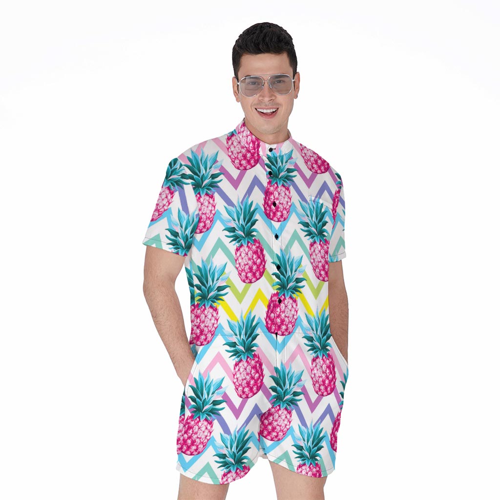 Neon Zig Zag Pineapple Pattern Print Men's Rompers