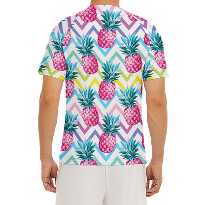 Neon Zig Zag Pineapple Pattern Print Men's Short Sleeve Rash Guard