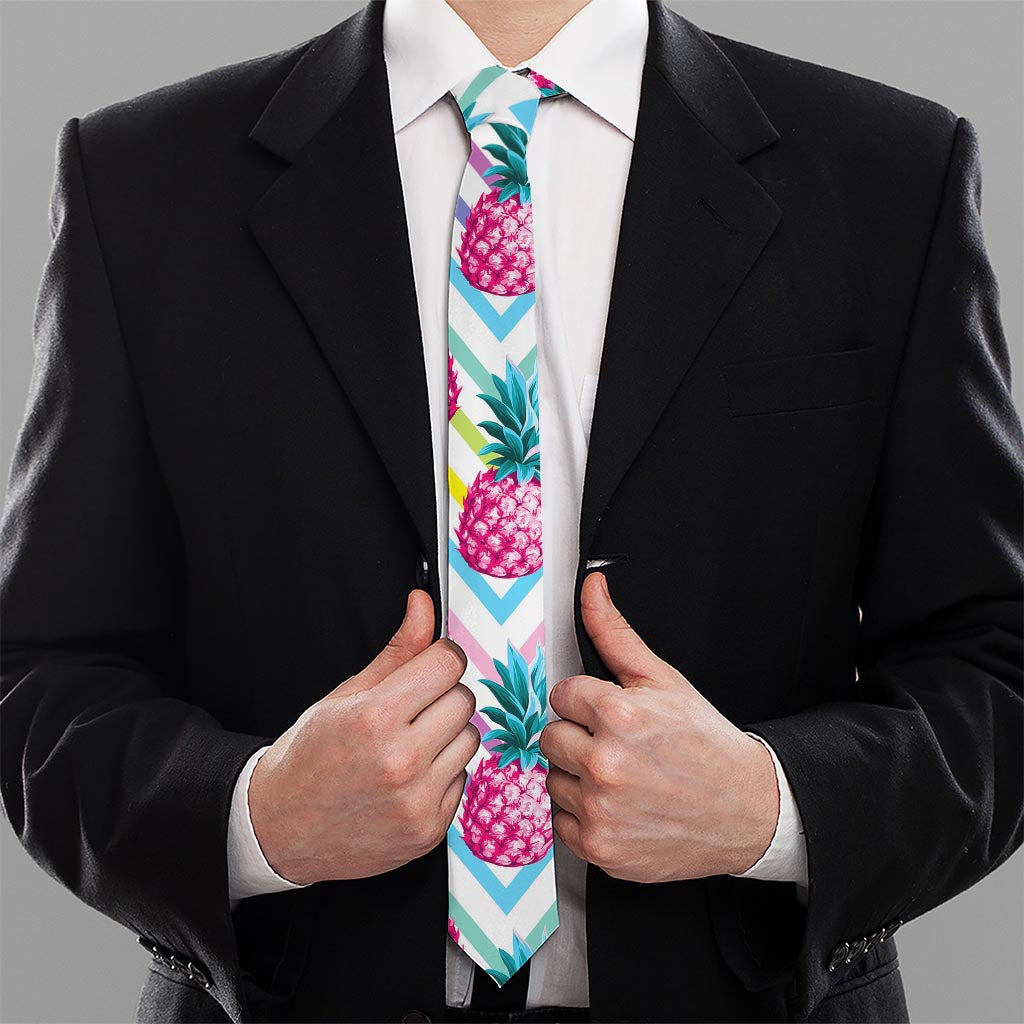 Neon Zig Zag Pineapple Pattern Print Necktie