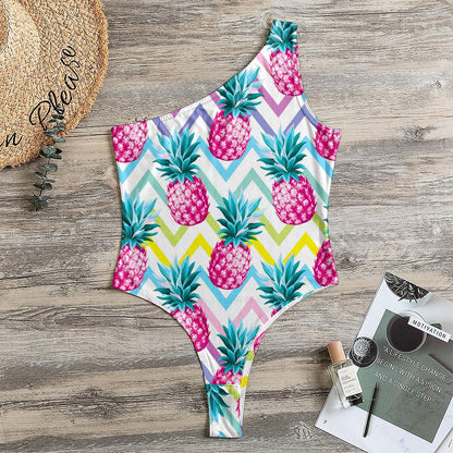 Neon Zig Zag Pineapple Pattern Print One Shoulder Bodysuit