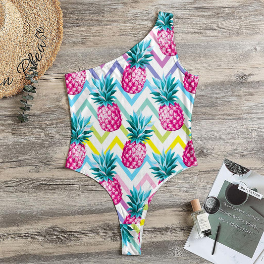 Neon Zig Zag Pineapple Pattern Print One Shoulder Bodysuit