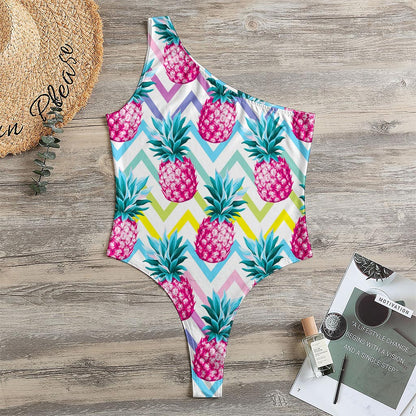 Neon Zig Zag Pineapple Pattern Print One Shoulder Bodysuit