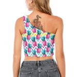 Neon Zig Zag Pineapple Pattern Print One Shoulder Crop Top
