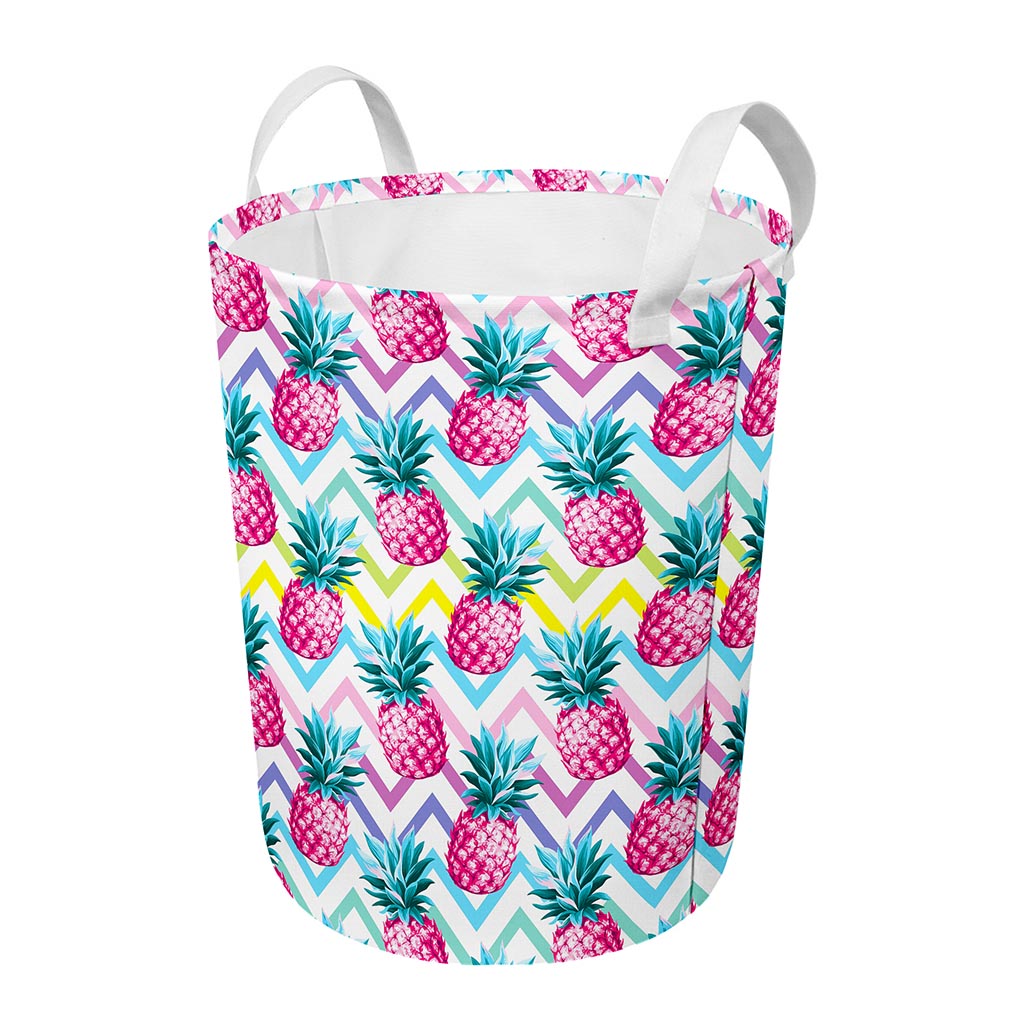 Neon Zig Zag Pineapple Pattern Print Round Laundry Basket