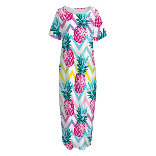 Neon Zig Zag Pineapple Pattern Print Short Sleeve Long Nightdress