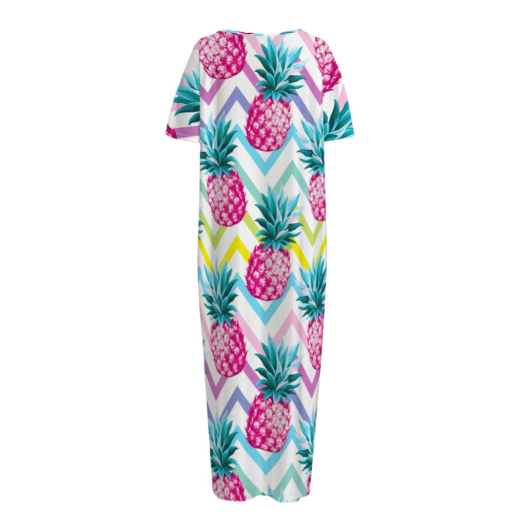 Neon Zig Zag Pineapple Pattern Print Short Sleeve Long Nightdress