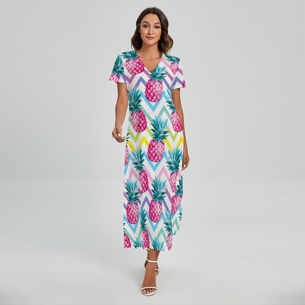 Neon Zig Zag Pineapple Pattern Print Short Sleeve Maxi Dress