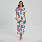 Neon Zig Zag Pineapple Pattern Print Short Sleeve Maxi Dress