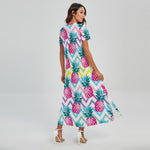 Neon Zig Zag Pineapple Pattern Print Short Sleeve Maxi Dress