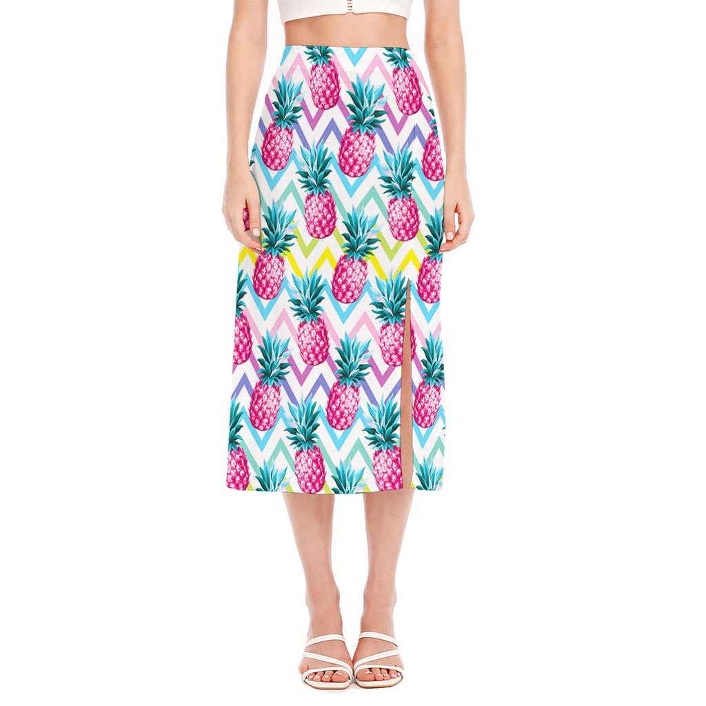 Neon Zig Zag Pineapple Pattern Print Side Slit Midi Skirt