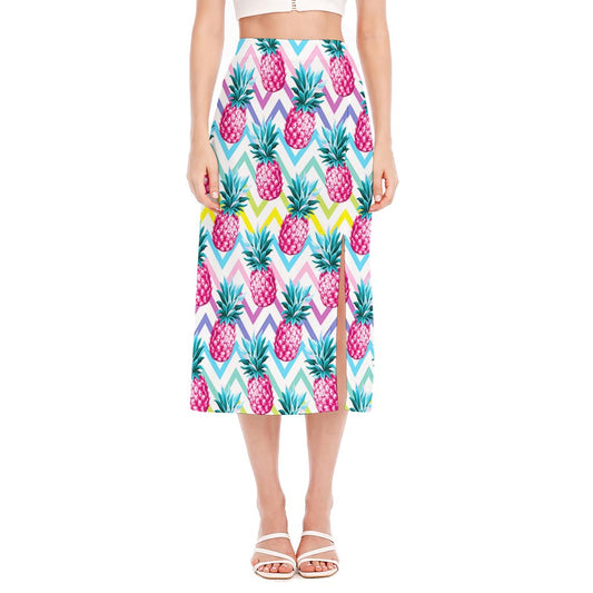 Neon Zig Zag Pineapple Pattern Print Side Slit Midi Skirt