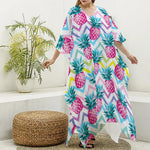 Neon Zig Zag Pineapple Pattern Print Silk V-Neck Kaftan Dress