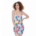 Neon Zig Zag Pineapple Pattern Print Sleeveless Bodycon Dress