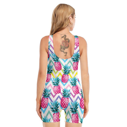 Neon Zig Zag Pineapple Pattern Print Sleeveless One Piece Swimsuit