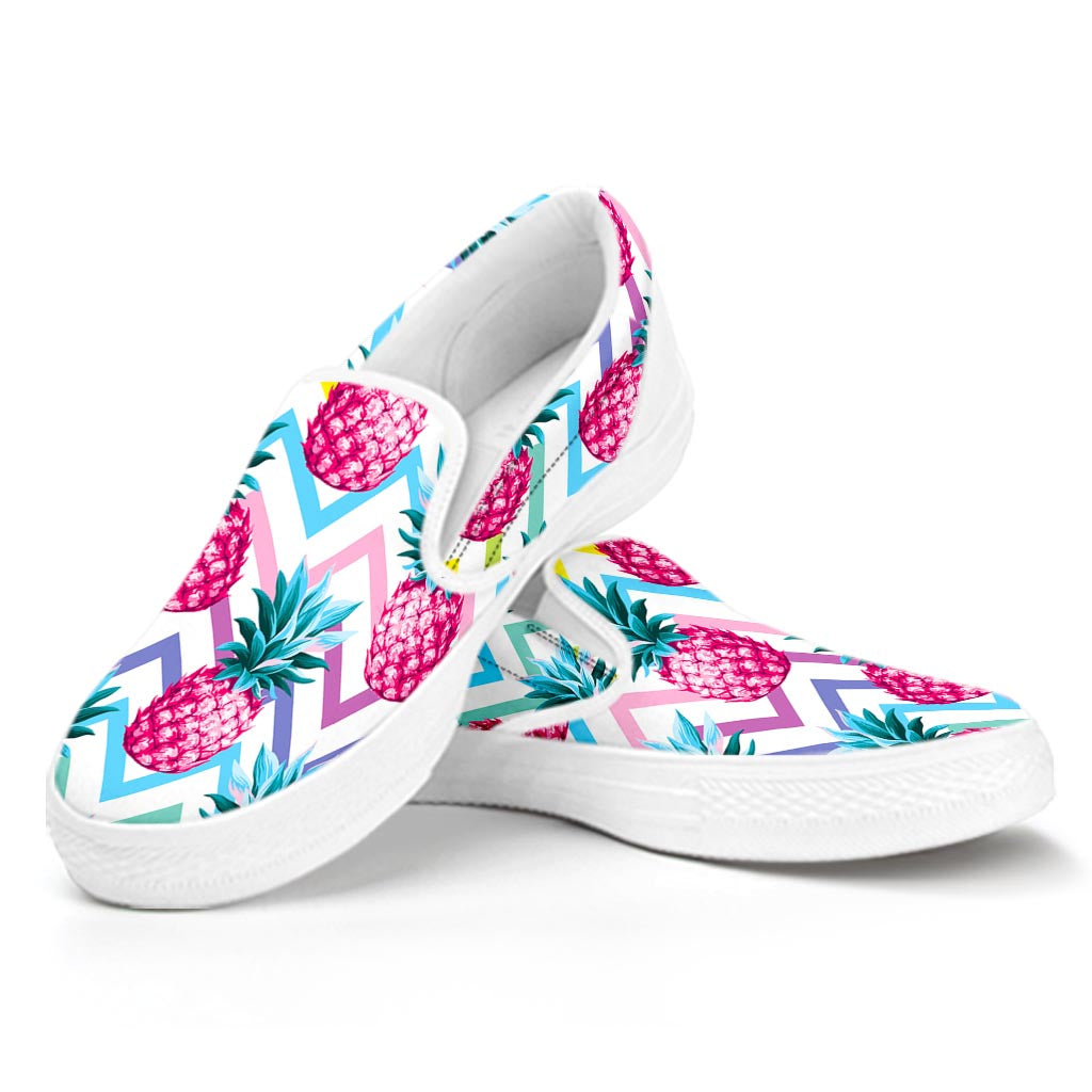 Neon Zig Zag Pineapple Pattern Print White Slip On Sneakers