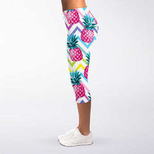 Neon Zig Zag Pineapple Pattern Print Women's Capri Leggings