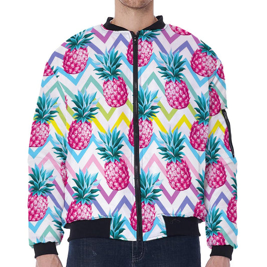 Neon Zig Zag Pineapple Pattern Print Zip Sleeve Bomber Jacket