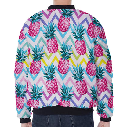 Neon Zig Zag Pineapple Pattern Print Zip Sleeve Bomber Jacket