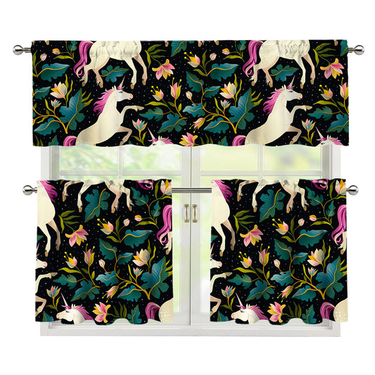 Night Floral Unicorn Pattern Print 3 Piece Kitchen Curtains