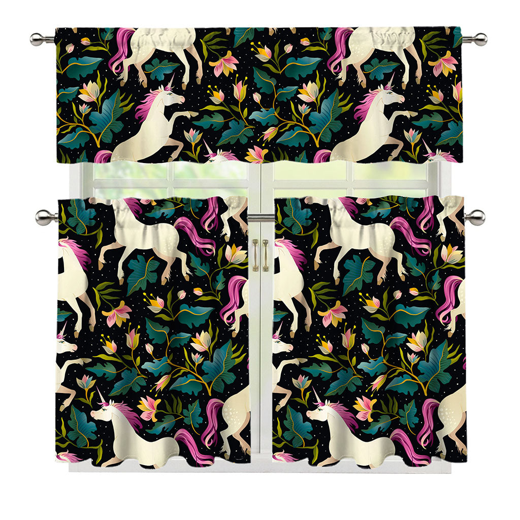 Night Floral Unicorn Pattern Print 3 Piece Kitchen Curtains
