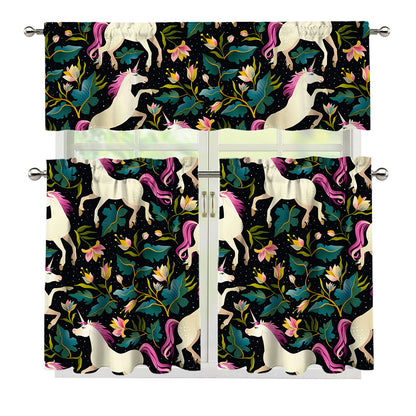 Night Floral Unicorn Pattern Print 3 Piece Kitchen Curtains