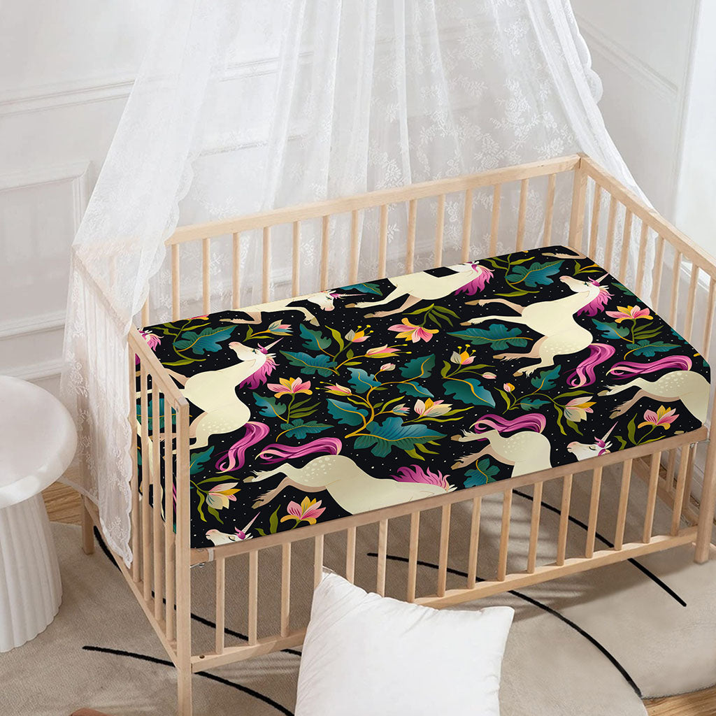 Night Floral Unicorn Pattern Print Baby Crib Sheet