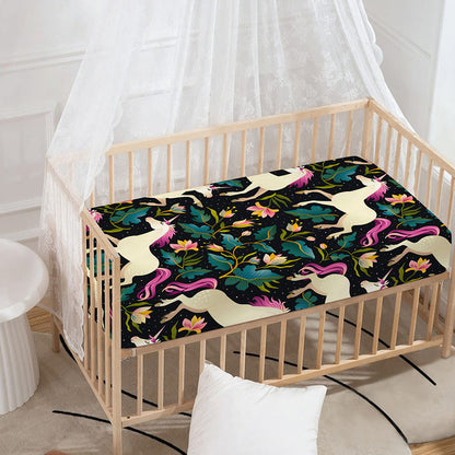 Night Floral Unicorn Pattern Print Baby Crib Sheet
