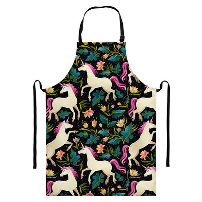 Night Floral Unicorn Pattern Print Bib Apron With Pocket