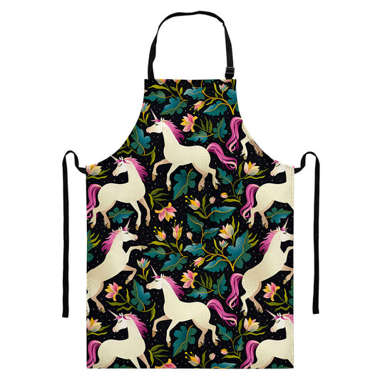 Night Floral Unicorn Pattern Print Bib Apron With Pocket