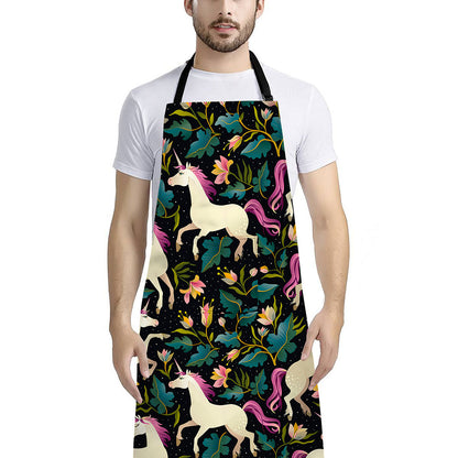 Night Floral Unicorn Pattern Print Bib Apron With Pocket