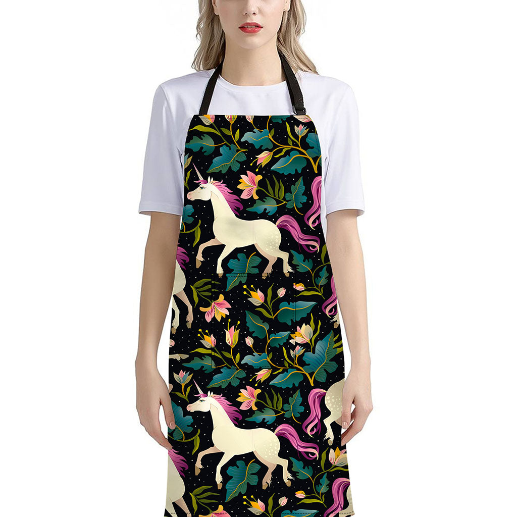 Night Floral Unicorn Pattern Print Bib Apron With Pocket