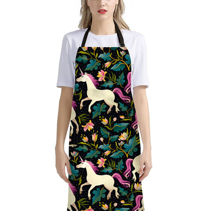 Night Floral Unicorn Pattern Print Bib Apron With Pocket