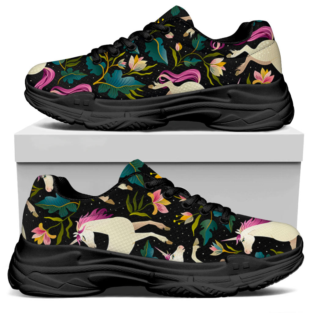 Night Floral Unicorn Pattern Print Black Chunky Shoes