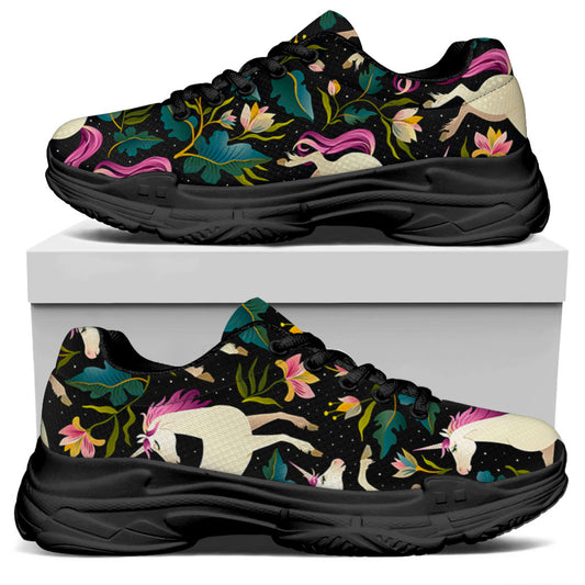 Night Floral Unicorn Pattern Print Black Chunky Shoes