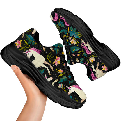 Night Floral Unicorn Pattern Print Black Chunky Shoes