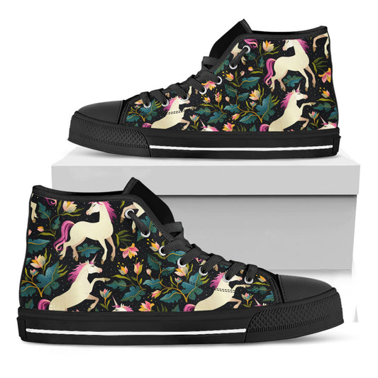Night Floral Unicorn Pattern Print Black High Top Sneakers